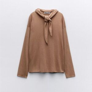 NWT ZARA Basic Knit Linen Blend Scarf Sweater Size S Tan Knit Sweater Tie Neck